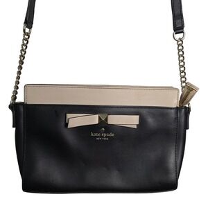 Kate Spade New York Black Leather Bow Crossbody Chain Bag Beige Accent